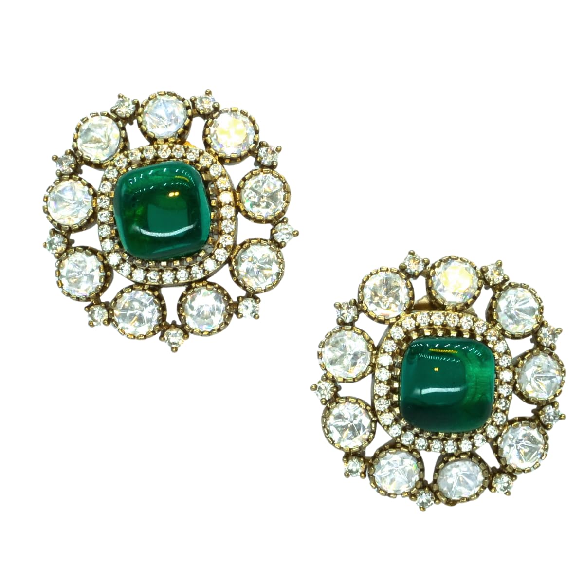 Antique Gold-Tone Stud Earrings for Women & Girls | Victorian-Style CZ Diamond Round Earrings | Festive, Wedding & Ethnic Jewelry-image-48