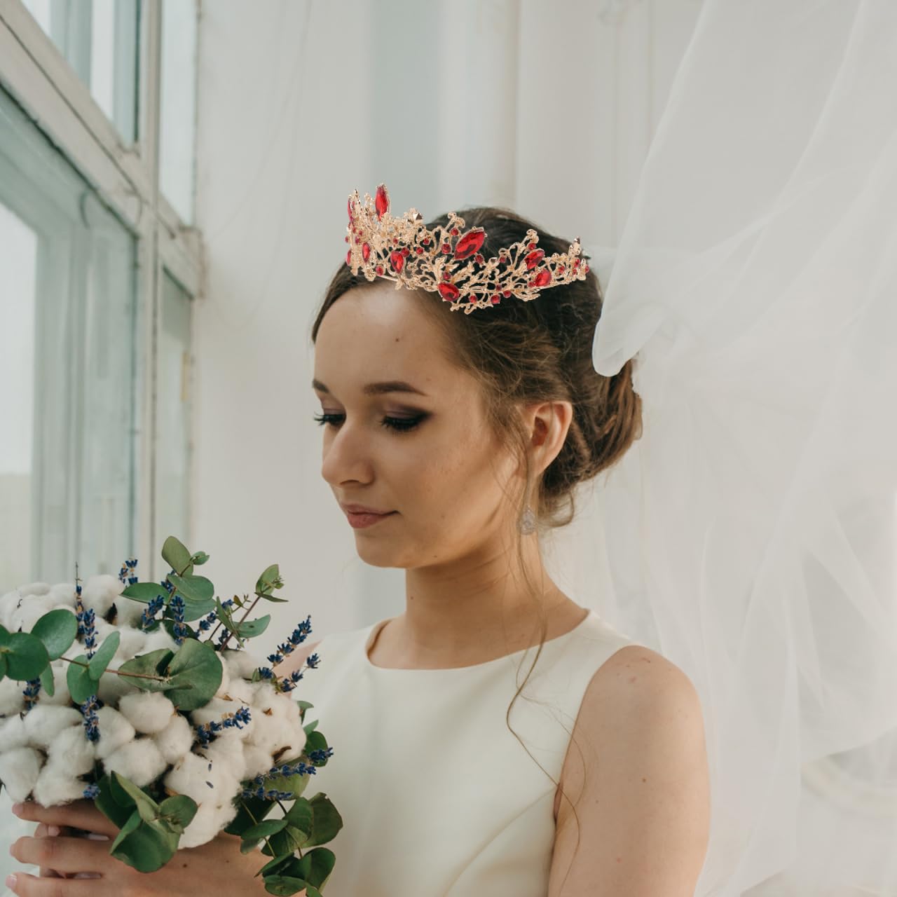 Barock Couronne de mariée vintage avec strass en cristal rétro pour femme mariée (rouge et doré)