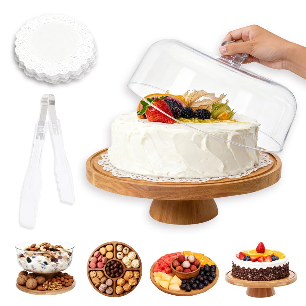 Plato para tartas con tapa, soporte para tartas con pie, placa redonda 4 en 1, campana de madera de 29 cm, plato para tartas, incluye papel de horno y pinzas de cocina, soporte para tartas