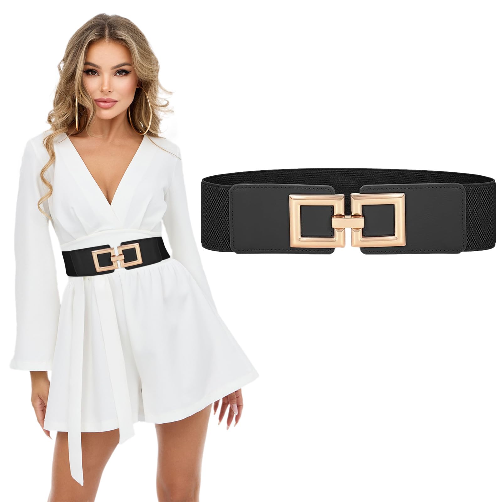 Creaher Women's Black Wide Belts For Elastic Wide Waist Belts For Dress,Vintage Stretchy Belt Stretchy Belt Wide With Buckle