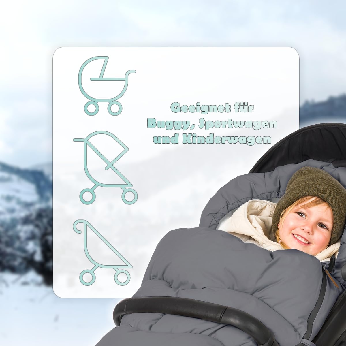 Fillikid Winterfußsack mit Microvelour Wassersäule 8000mm universal Fußsack für Kinderwagen Buggy Jogger Kinderwagenfußsack 6 bis 36 Monate (Grau)