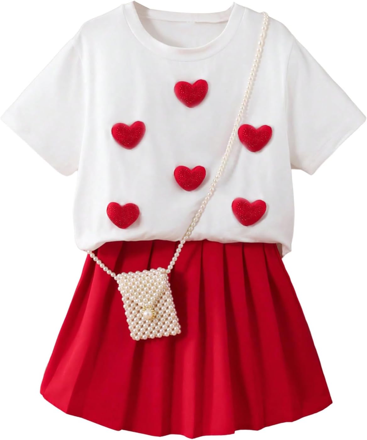 RoseSeek Girl's 2 Piece Preppy Summer Outfits 3D Bowknot T Shirt and Mini Pleated Skirts Clothing Set