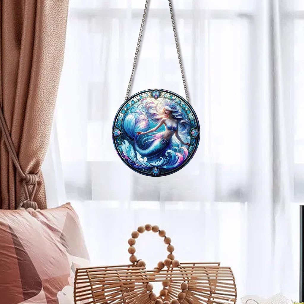 Blue Mermaid Stained Glass Window Hangings with Chain – Acrylic Mermaid Ornament for Garden, Patio and Indoor Decor, Housewarming Gift for Mom, Grandma and Marine Life Lovers