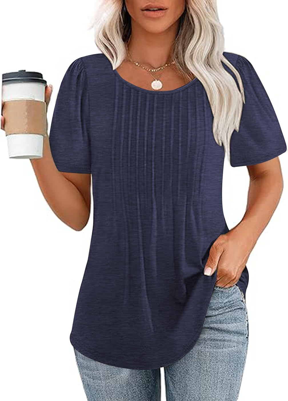 Naivikid Womens T Shirts Short Sleeve Pleated Dressy Casual Scooped Neck Summer Tops Blouses S-XXXL
