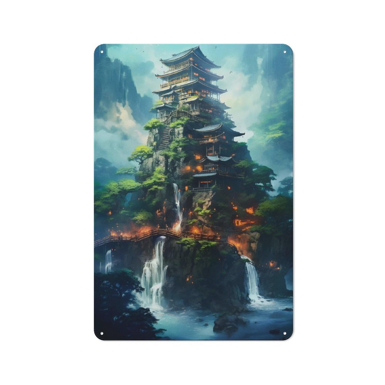 Junmoney Japanese Fantasy Village Rustic Tin Wall Plaque 30X20cm For Home Bar Wall, For Vintage Wall Decor Fans, For Living Room And Hallway Decor