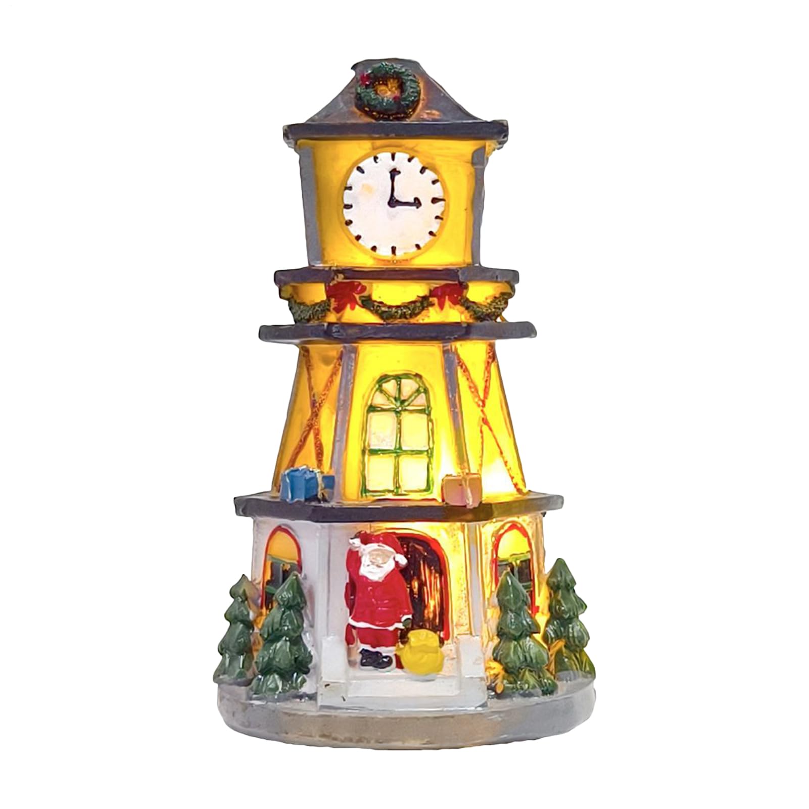 Torres de reloj de escritorio festivas talladas en resina con luces cálidas