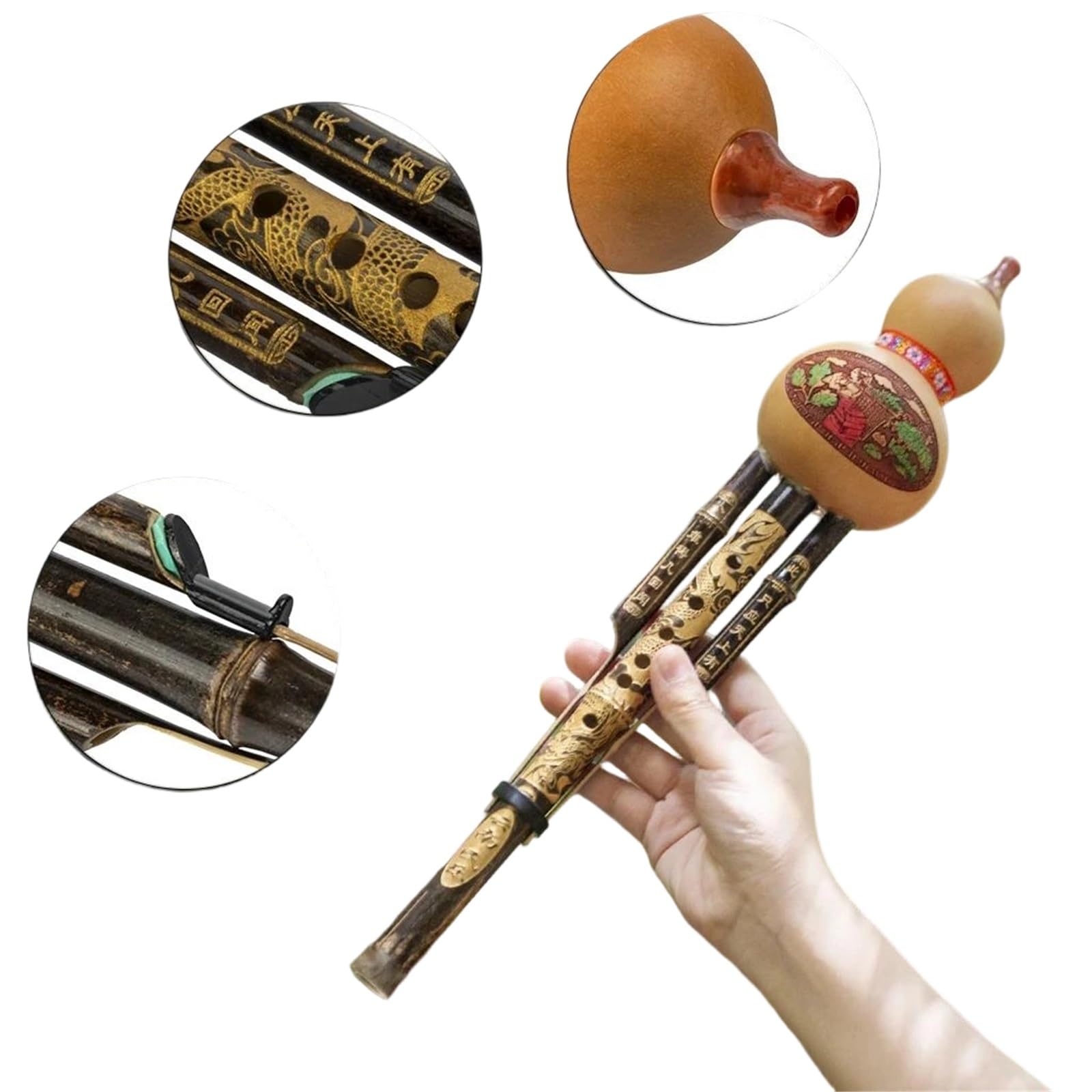 Hulusi Musikinstrumente Hulusi-Flöte Mundharmonika C-Dur Windkammer Rohrblattinstrument Geschnitzter Kürbis Drei Dünne Rohre Mit Koffer
