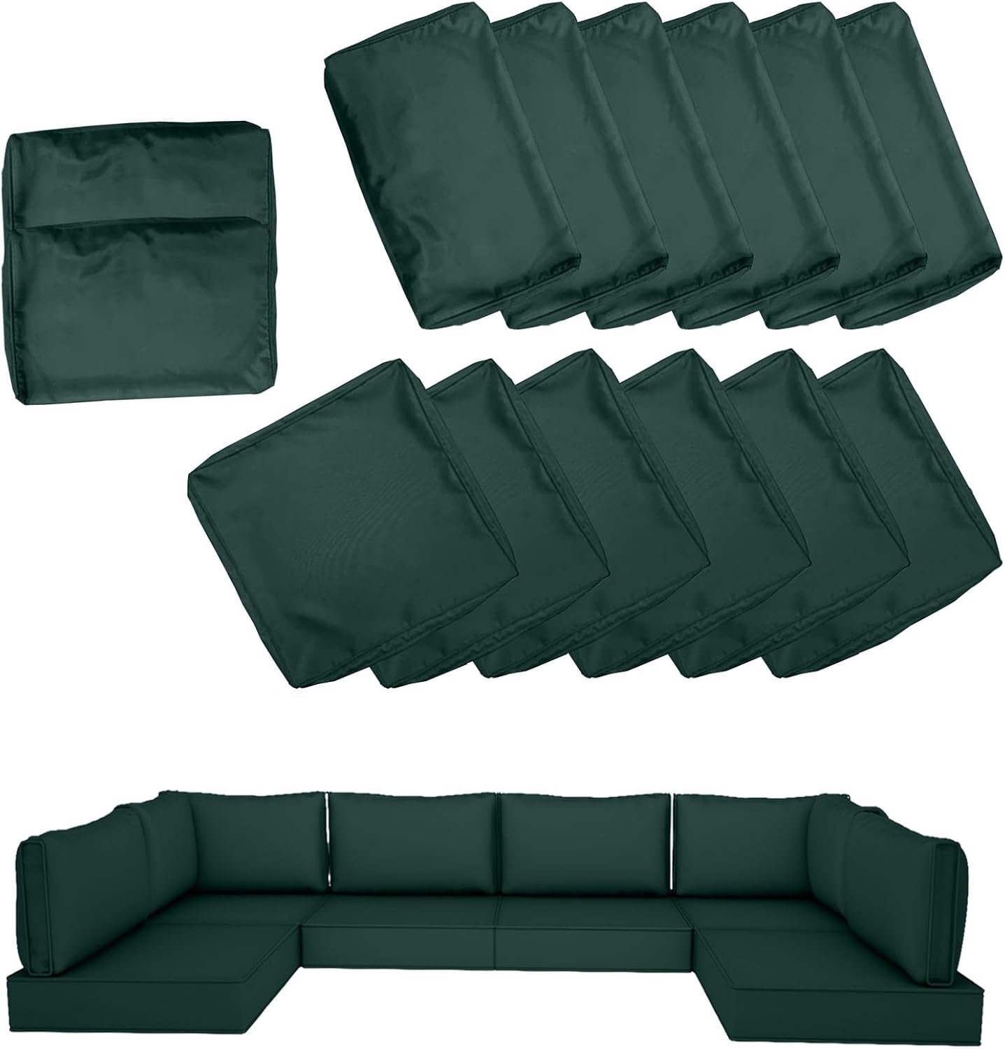 14 Piece Outdoor Patio Cushion Cover Replacement, Waterproof Patio Cushion Covers, Outdoor Furniture Cushion Covers Set for 6 Seat Wicker Rattan Sofa (Deep Green)