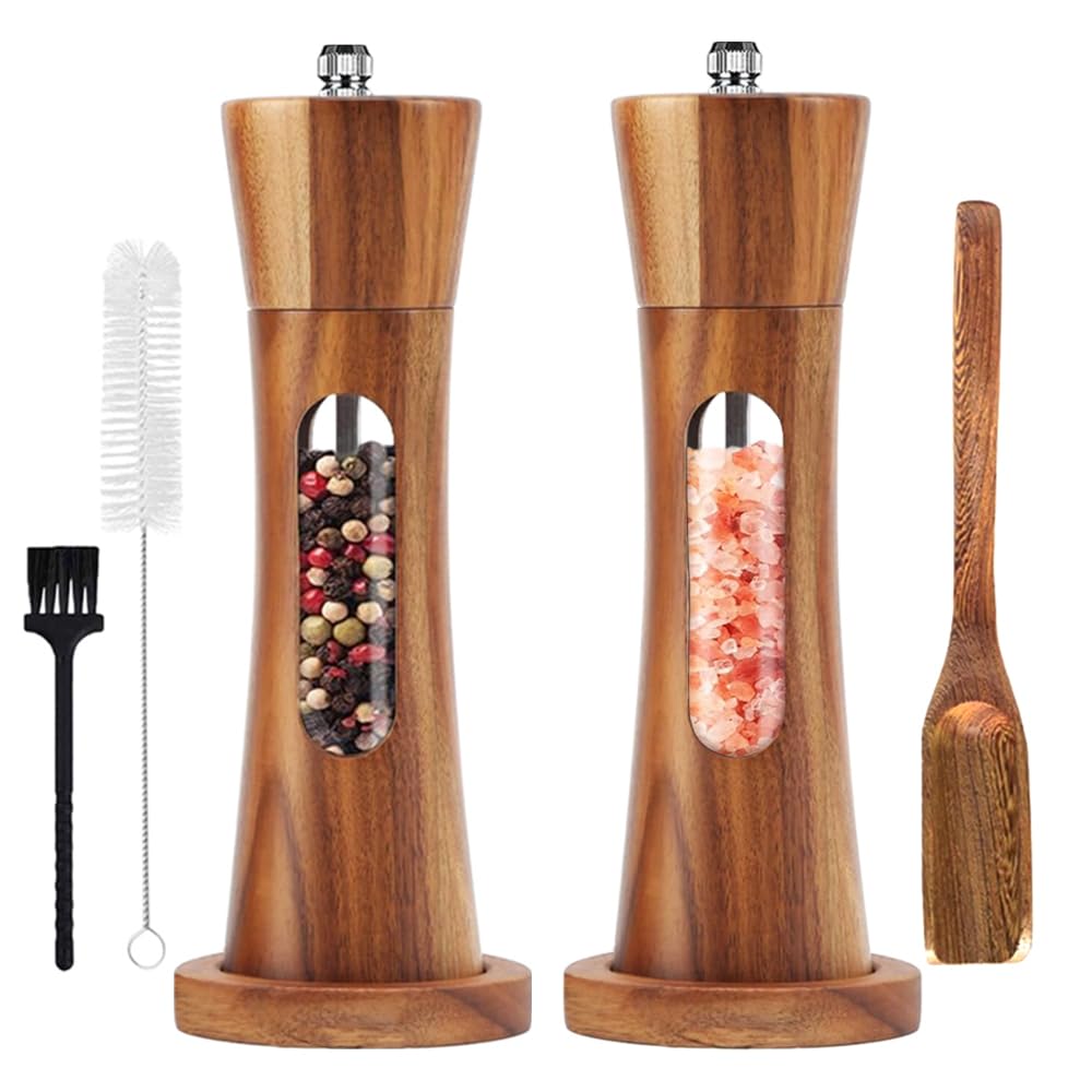 Lot de 2 moulins à poivre et sel en bois avec soucoupe manuelle - Moulin à épices réglable en céramique - Pour poivre, sel, épices - Hauteur : 20 cm