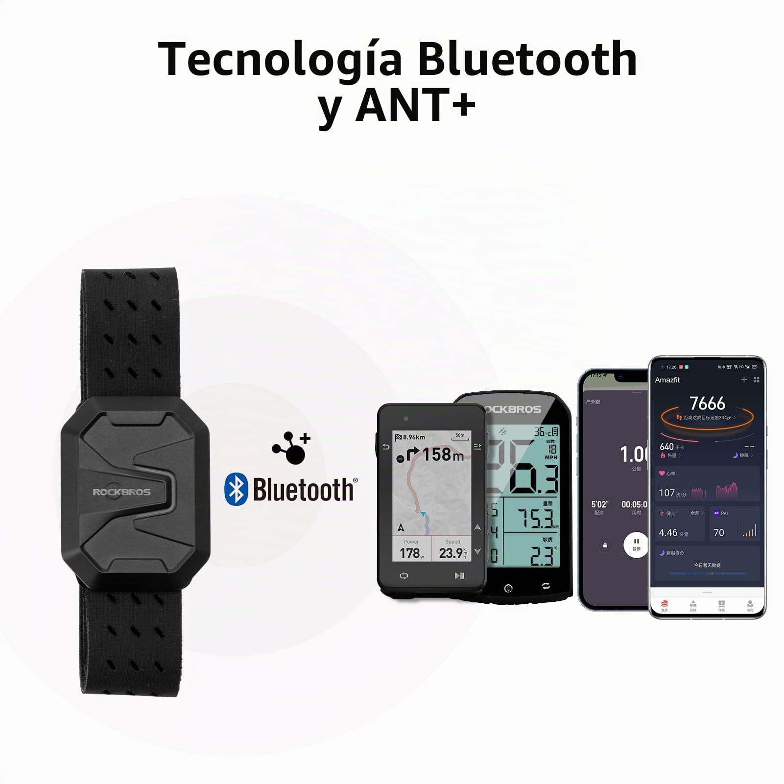 ROCKBROS Monitor de Frecuencia Cardíaca con Bluetooth y Ant+ IP67, Banda de Brazo Deportiva con Indicador LED y Carga Magnética, Sensor Preciso para Ciclismo, Running y Entrenamiento