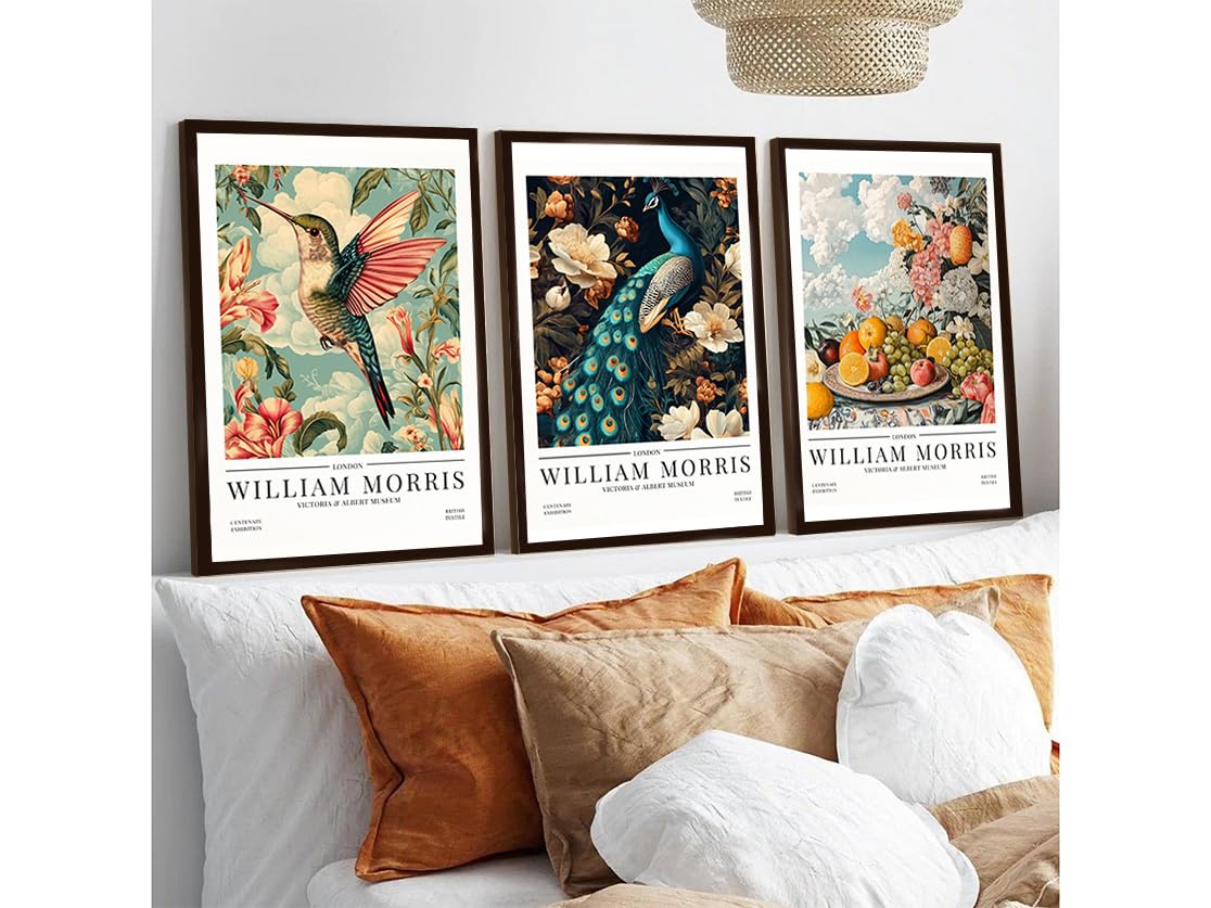 William Morris Set of 3 Print, Hummingbird Picture, Vintage Art, William Morris Exhibition Poster, Elegant Kitchen Decor, Ready To Hang Picture, Framed Art Print (A4 - Set of 3 PRINT (Unframed))