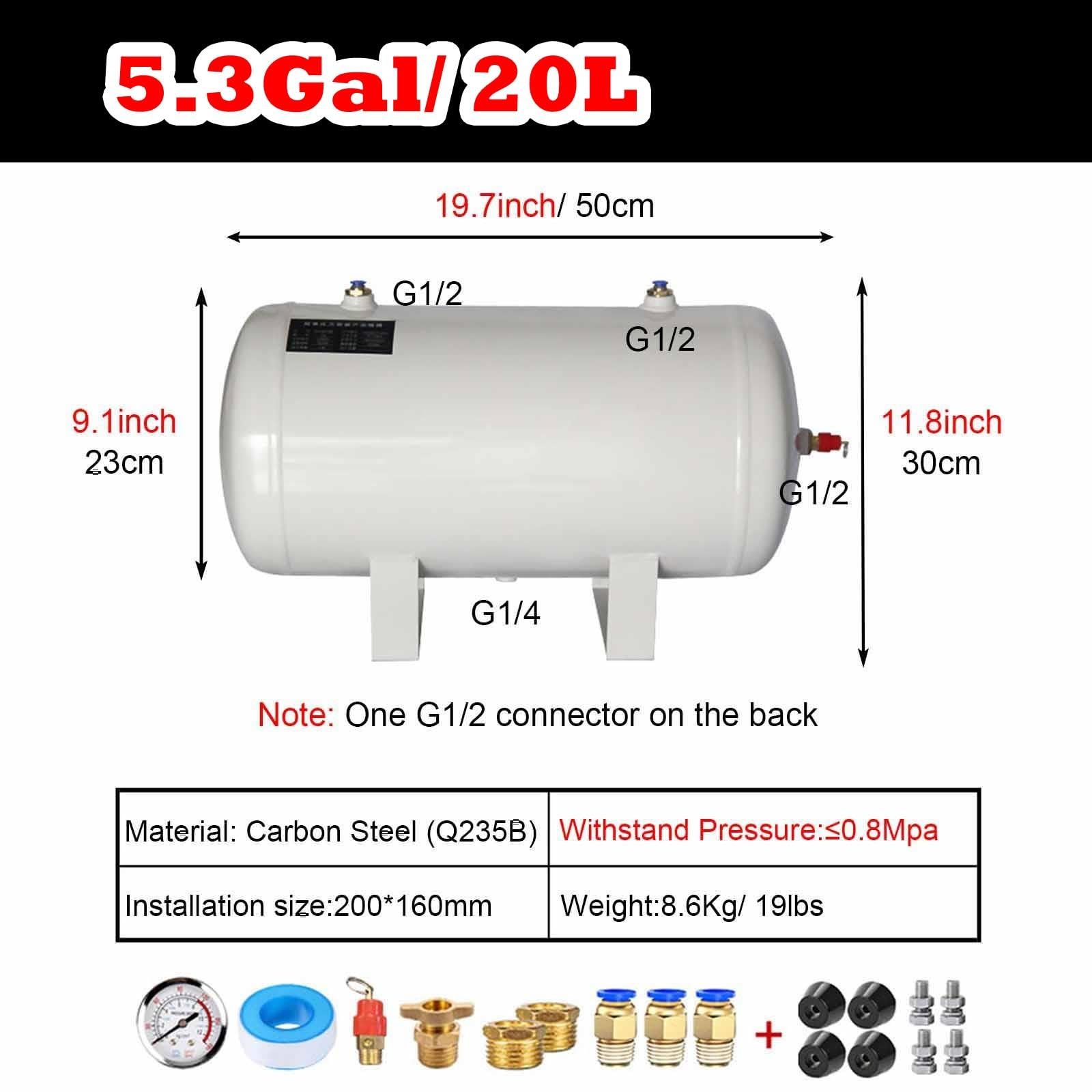 serbatoio aria Kit serbatoio aria ad alta pressione industriale, Serbatoio di stoccaggio gas in acciaio al carbonio per compressore, 10L/20L/30L/40L/50L/60L/80L/100L(20L/5.3Gal)