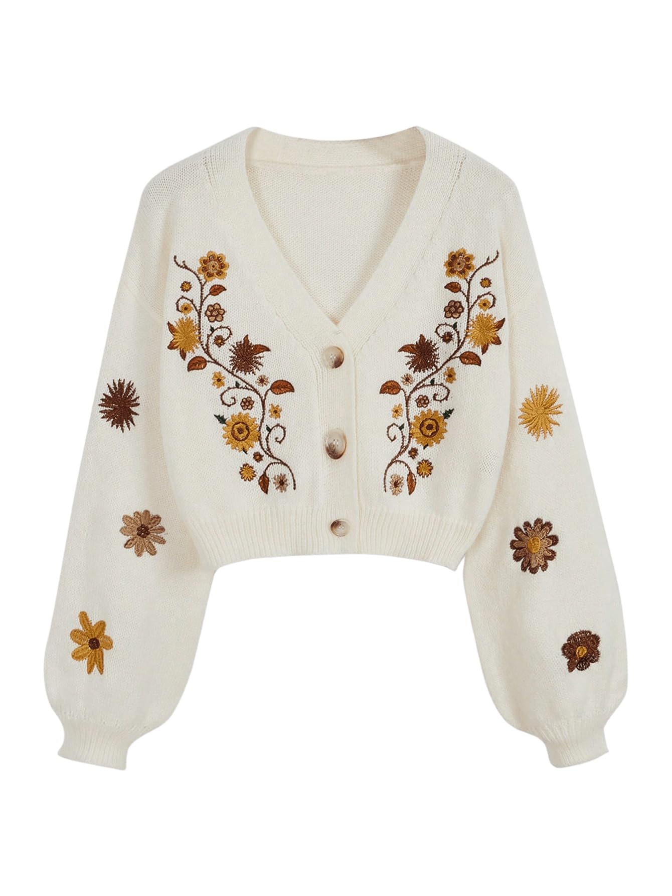 GORGLITTER Womens V Neck Floral Embroidered Cardigan Sweaters Lantern Sleeve Button Down Cropped Cardigan
