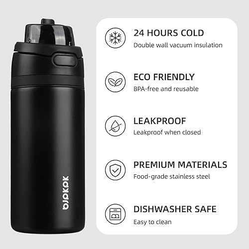 Miniatura 3 de BJPKPK Botella de agua aislada de 17 onzas con tapa de boquilla de popote 2-1, botellas de agua de metal de acero inoxidable con asa de transporte,
