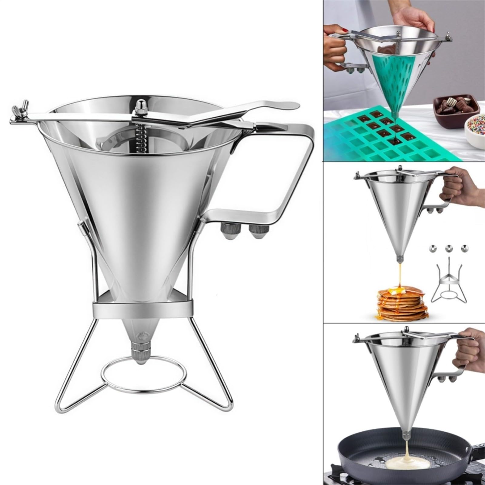 Dispensador de masa para tortitas de acero inoxidable, 1800 ml, con 3 boquillas, embudo de gran capacidad para magdalenas y salsas, dosificación precisa para cocina y panadería, plata