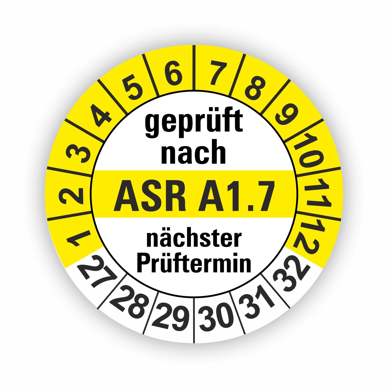 Hochwertige Prüfetiketten ASR A1.7 Prüfung Ø 20mm - Selbstklebende PVC-Folie - Wartungsetiketten für Prüfung - Prüfplakette für Prüfungsnachweis (1000 Stück)