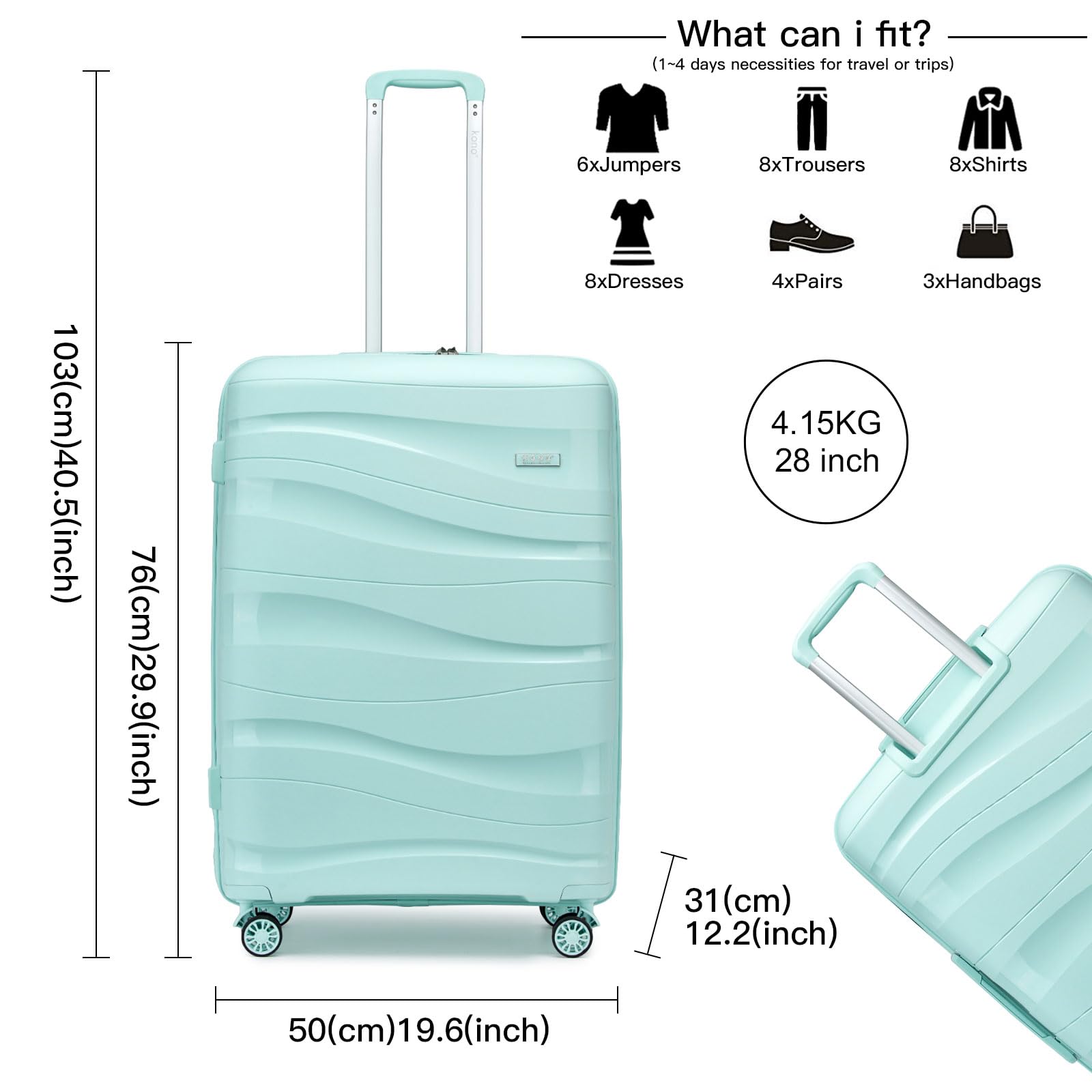 KONO Valigia Grande da 75cm Trolley Rigida Leggero Polipropilene Valigie con TSA Lucchetto e 4 Ruote (Verde chiaro)
