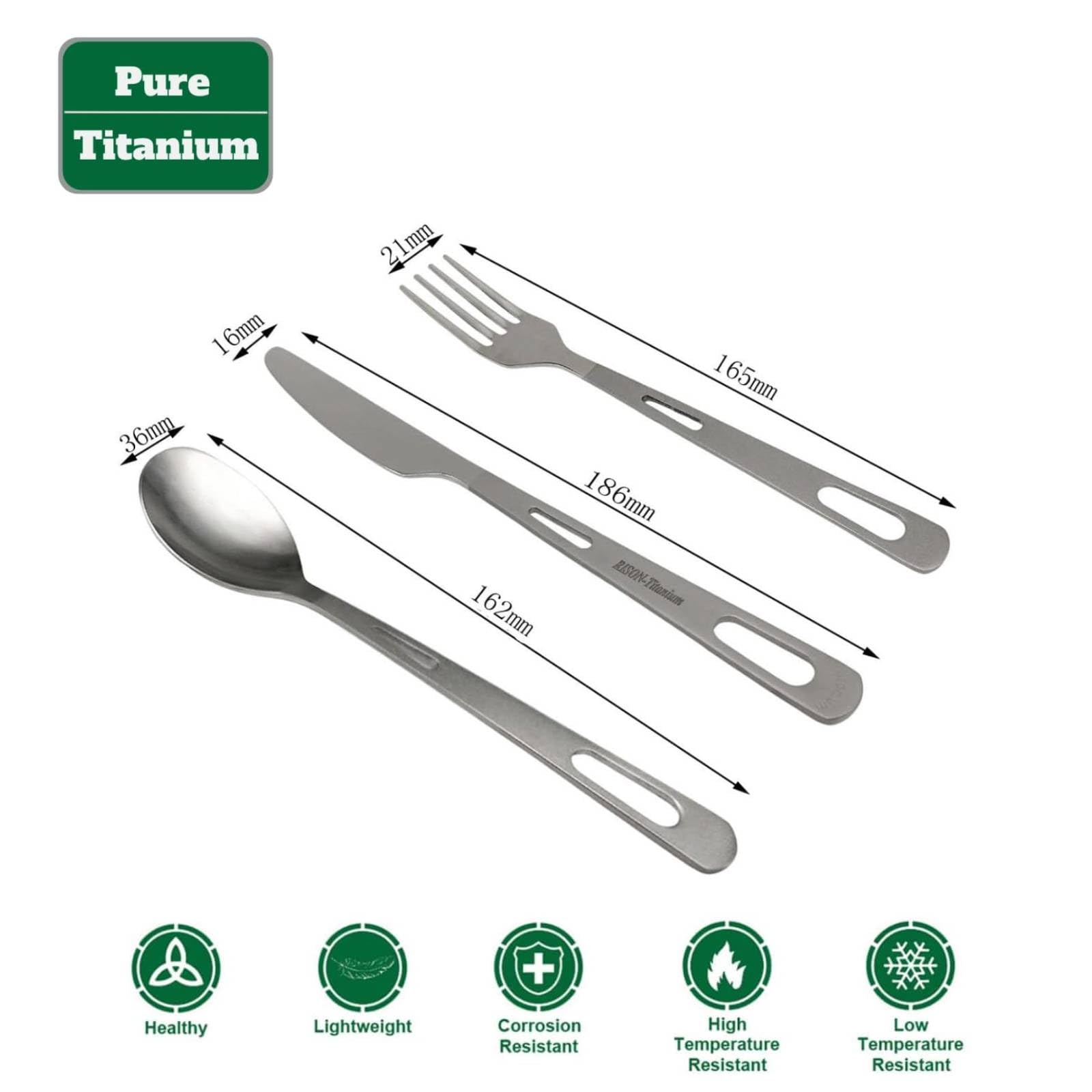 RISON-Titanium Titan Campingbesteck Set, 4 Stück Titan Camping Teller mit Gabel-Löffel-messer Kombi Reisebesteck, Tragbar Ti-Kochgeschirr Platten Servierplatten, Outdoor Besteck für Picknick