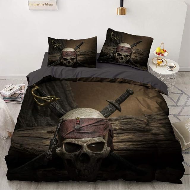 XBNGDF Single Duvet Cover Set, Pirate Skull Bedding Sets 2pcs - 100% Brushed Microfiber Quilt Cover with Zip and 1 Pillowcase, Ultra Soft Hypoallergenic