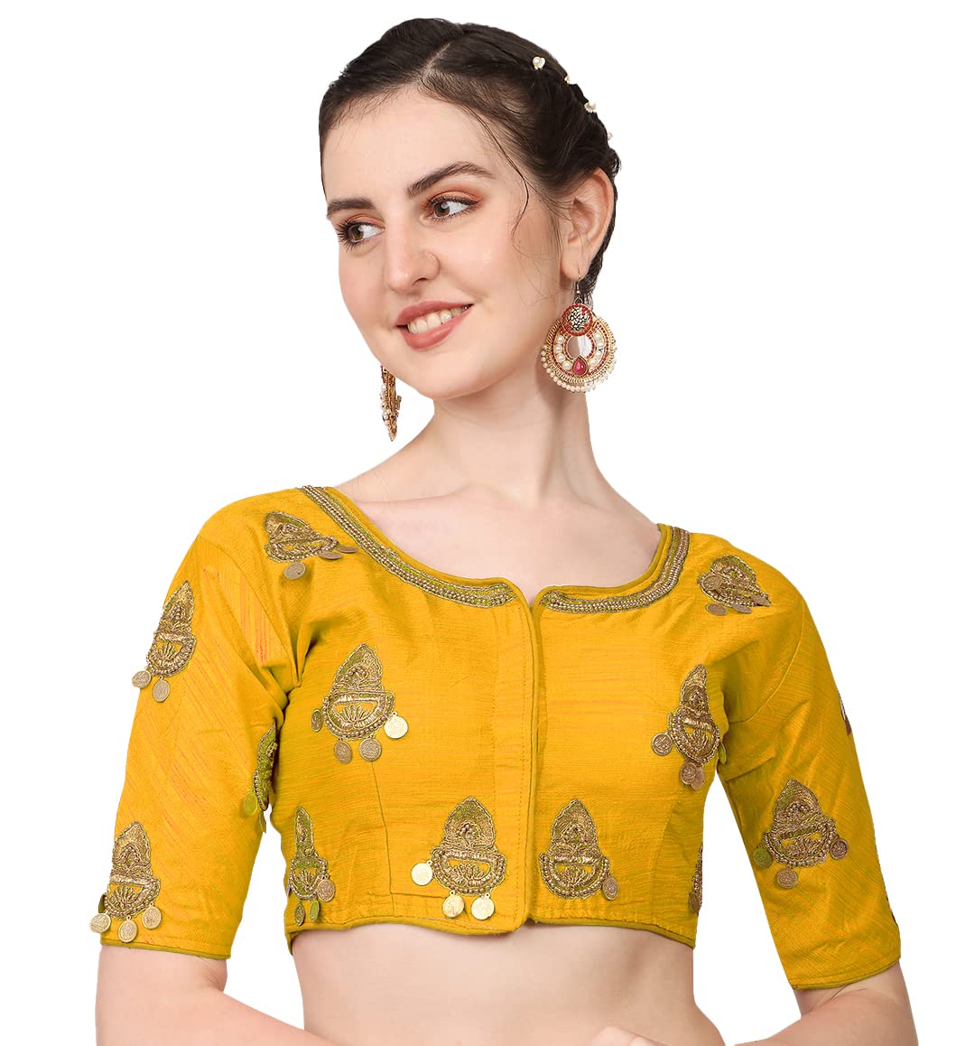 Pujia Mills Women's Silk Solid Half Sleeve Regular Saree Blouse (Kalash Masturd 38)