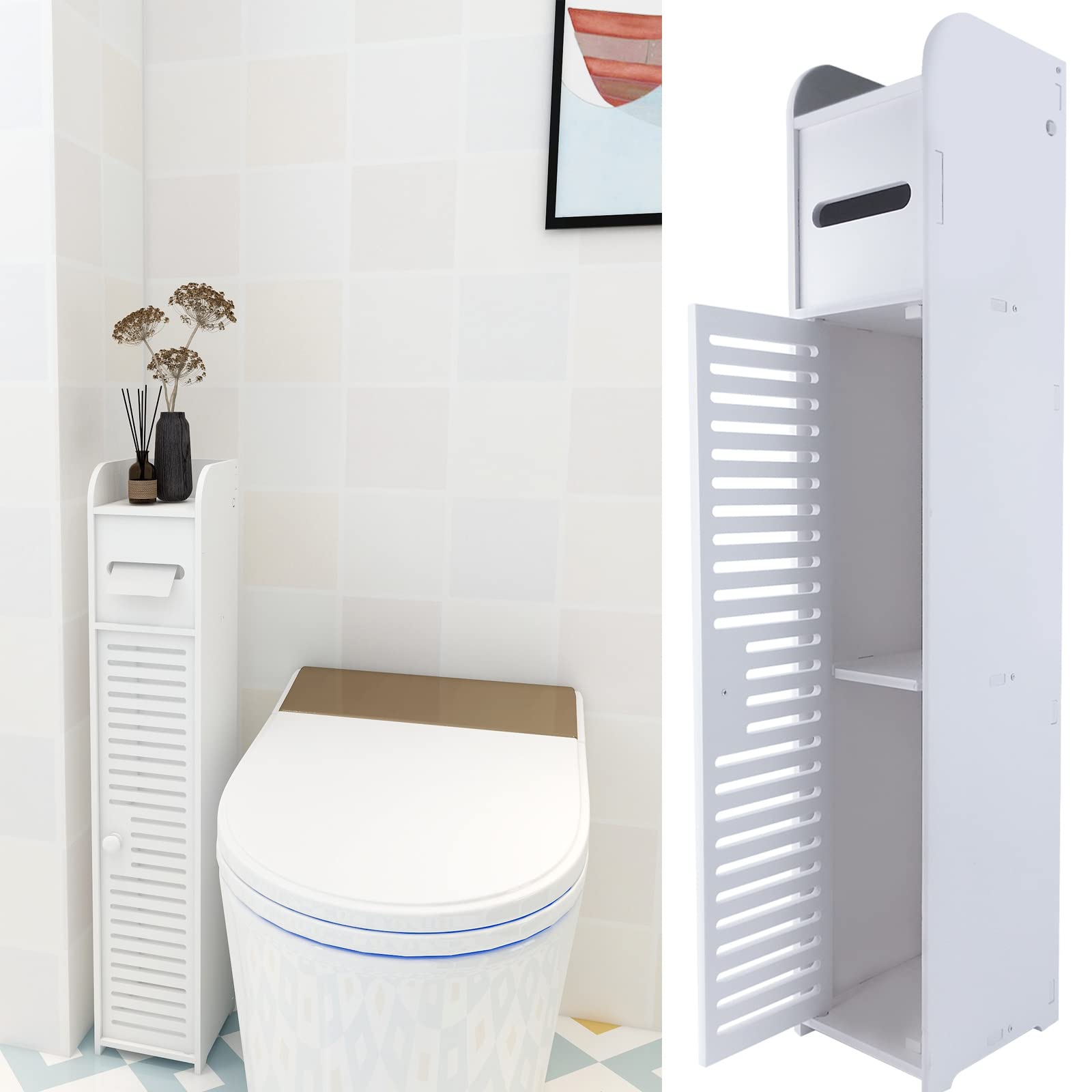 Slim Bathroom Storage Unit, Freestanding 1 Door 3-Tier Side Storage Organizer, Toilet Roll Paper Cabinet, W6.3''x D6.3''xH32'', White