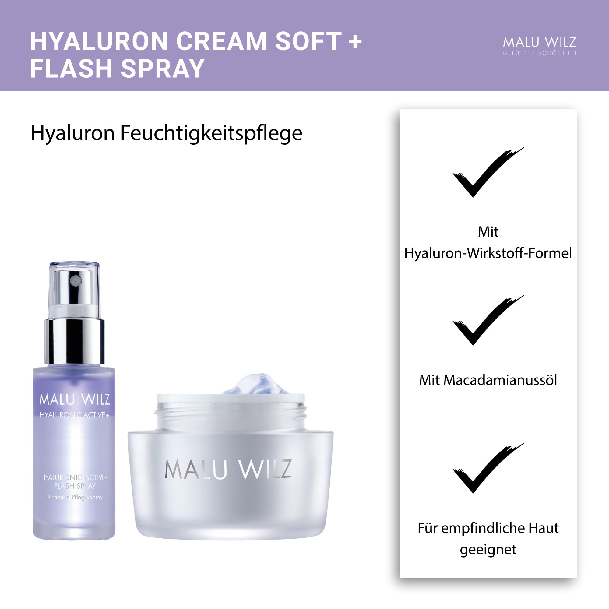Malu Wilz Bundle Hyaluronic Active + Cream Soft + Flash Spray I Erfrischende Skincare Gesichtspflege-Creme Set I Creme 50ml + Serum Booster 30ml