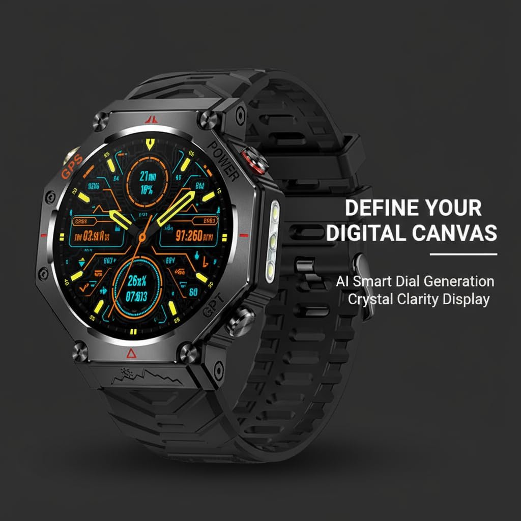 KC91 Smartwatch displaying a customizable AI-generated watch face with various data points.