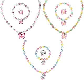 Msnailfly 3 Sets Girl Princess Necklace Bracelet Ring Kids Stretchy Jewelry Gift Unicorn Butterfly Necklace Bracelets Rings Party Favors Dress up Jewelry for Little Girl Toddler(with Gift Box)