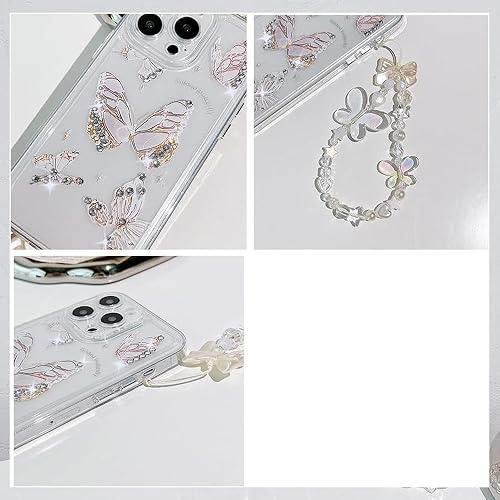 Miniatura 4 de Casechics Compatible con funda para iPhone, de lujo, transparente, con bonito diseño de mariposa, correa para pulsera, cadena, transparente, suave,