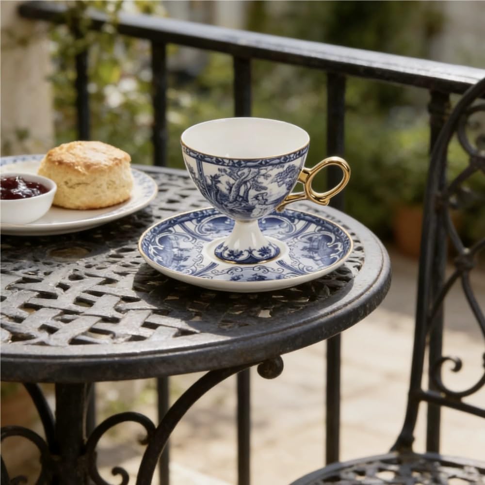 Zestaw filiżanek i spodków z porcelany kostnej, vintage niebiesko-białe filiżanki do kawy do latte i cappuccino