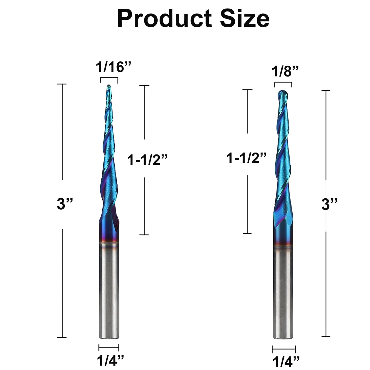 2PCS Spiral CNC Router Bits 1/4" Shank 3" Over Length Tapered Angle Ball Nose with NACO-Blue Coating for 2D&3D Wood Carving Engraving