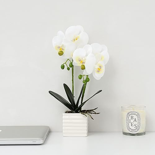 Miniatura 5 de Orquídeas artificiales para decoración del hogar, florero plateado interior, orquídeas flores artificiales (blanco)