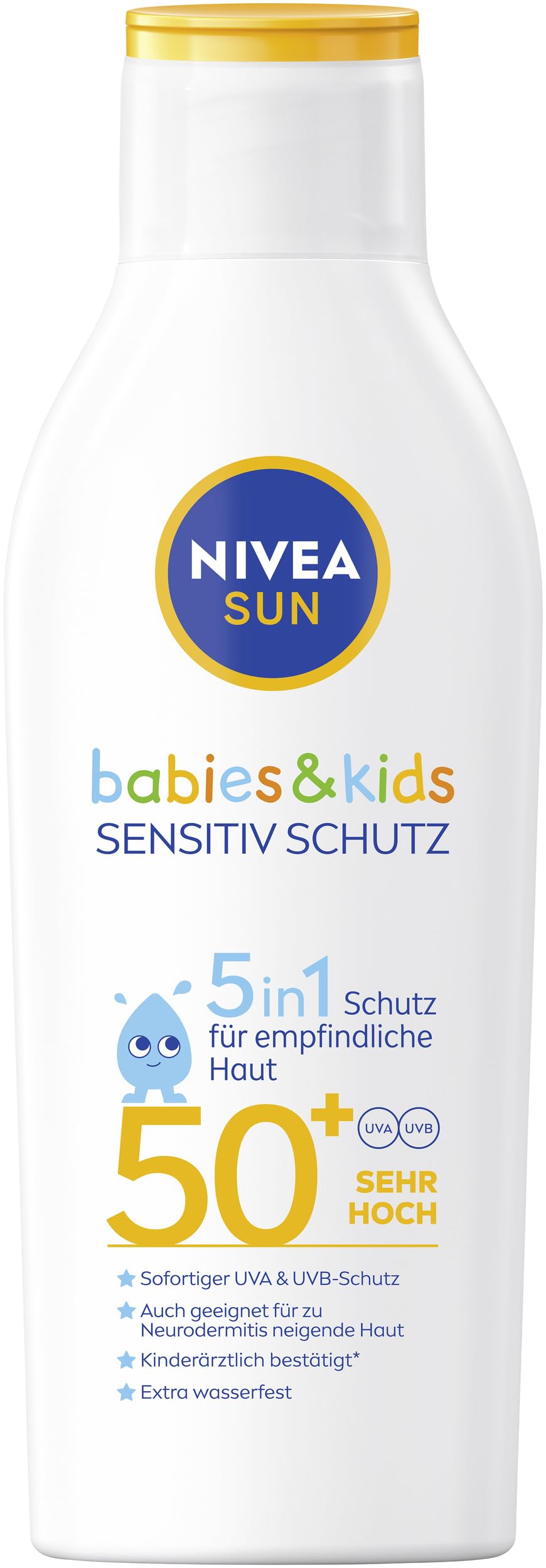 NIVEA SUN Babies & Kids Sensitiv Schutz Sonnenmilch LSF 50+ (200 ml), extra wasserfeste Sonnencreme mit LSF 50+, Sonnenlotion für Kinder ohne Parfüm