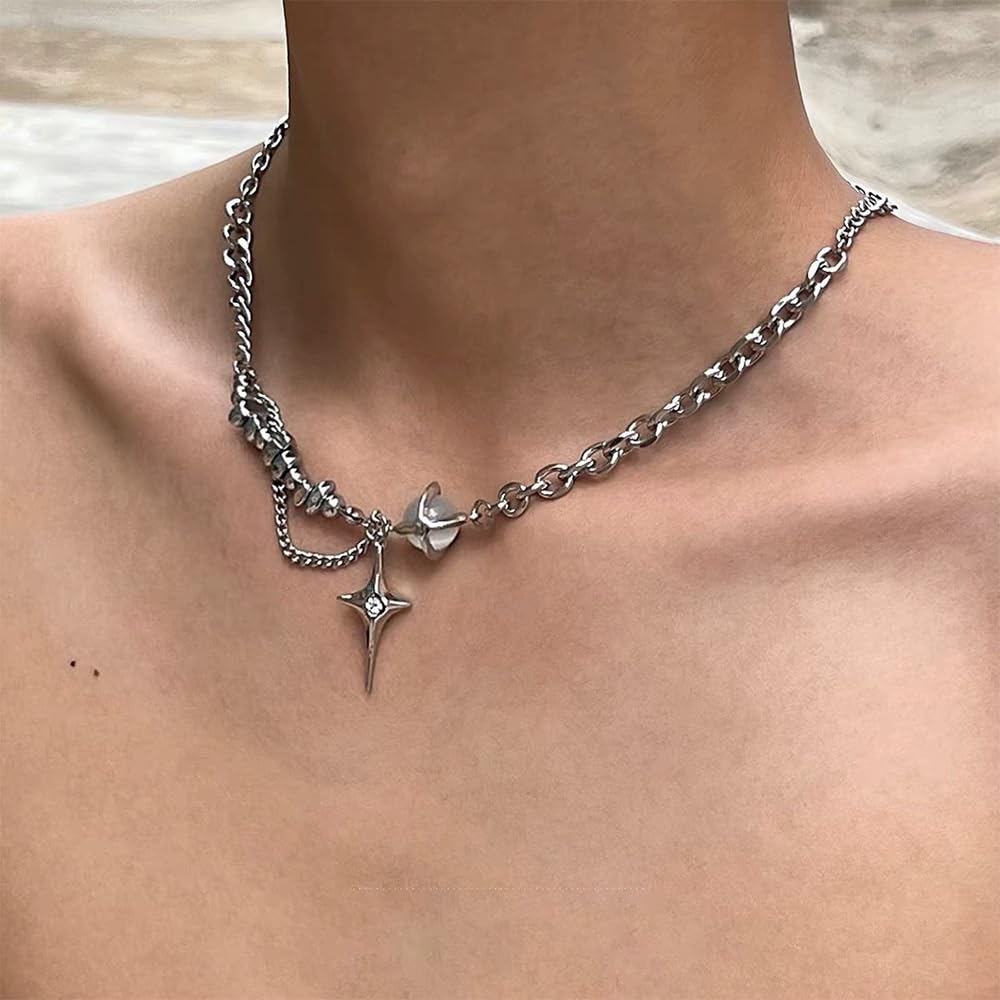 Generico Collana con ciondolo a stella irregolare, collana in acciaio inossidabile con stella argentata e pietra di luna, regalo personalizzato per uomo e donna