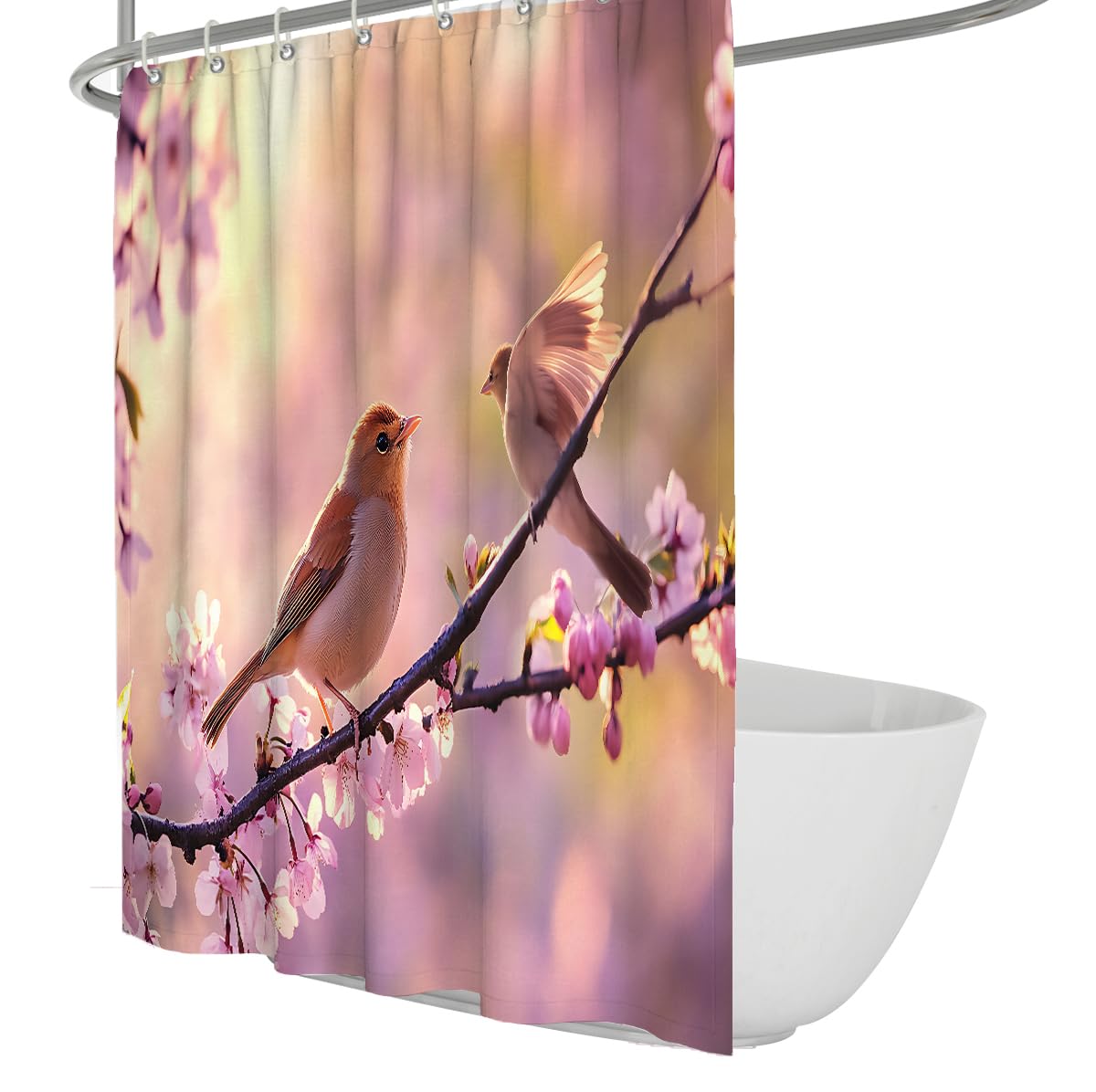 UERWOWELL Classic Chinese Style Shower Curtain Elegant Watercolor Flying Bird Pink Peach Blossoms Fabric Bathroom Curtain Set with Hooks Waterproof W150xL180 cm