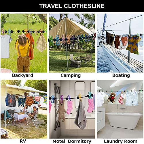 Wäscheklammern Camping, Camping Zubehör, Reisewäscheleine Mit Klammern, Tragbare Wäscheleine, Outdoor, Einziehbare für Reisen Mit 12 Wäscheklammern