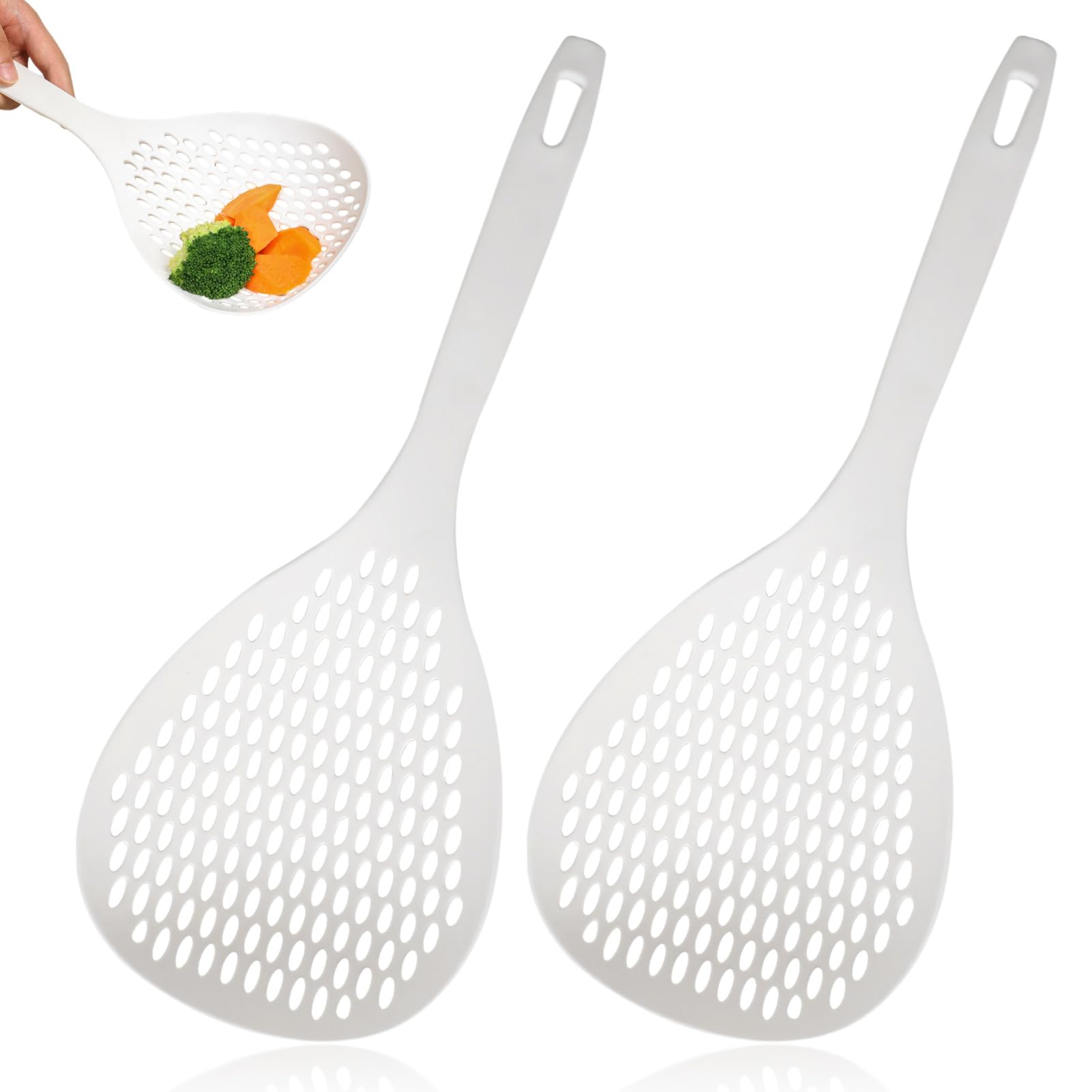 2pcs Plastic Slotted Spoons, High Temperature Resistance Long Handle Skimmer Spoon Pasta Strainer Kitchen Ladle for Frying and Cooking(White)