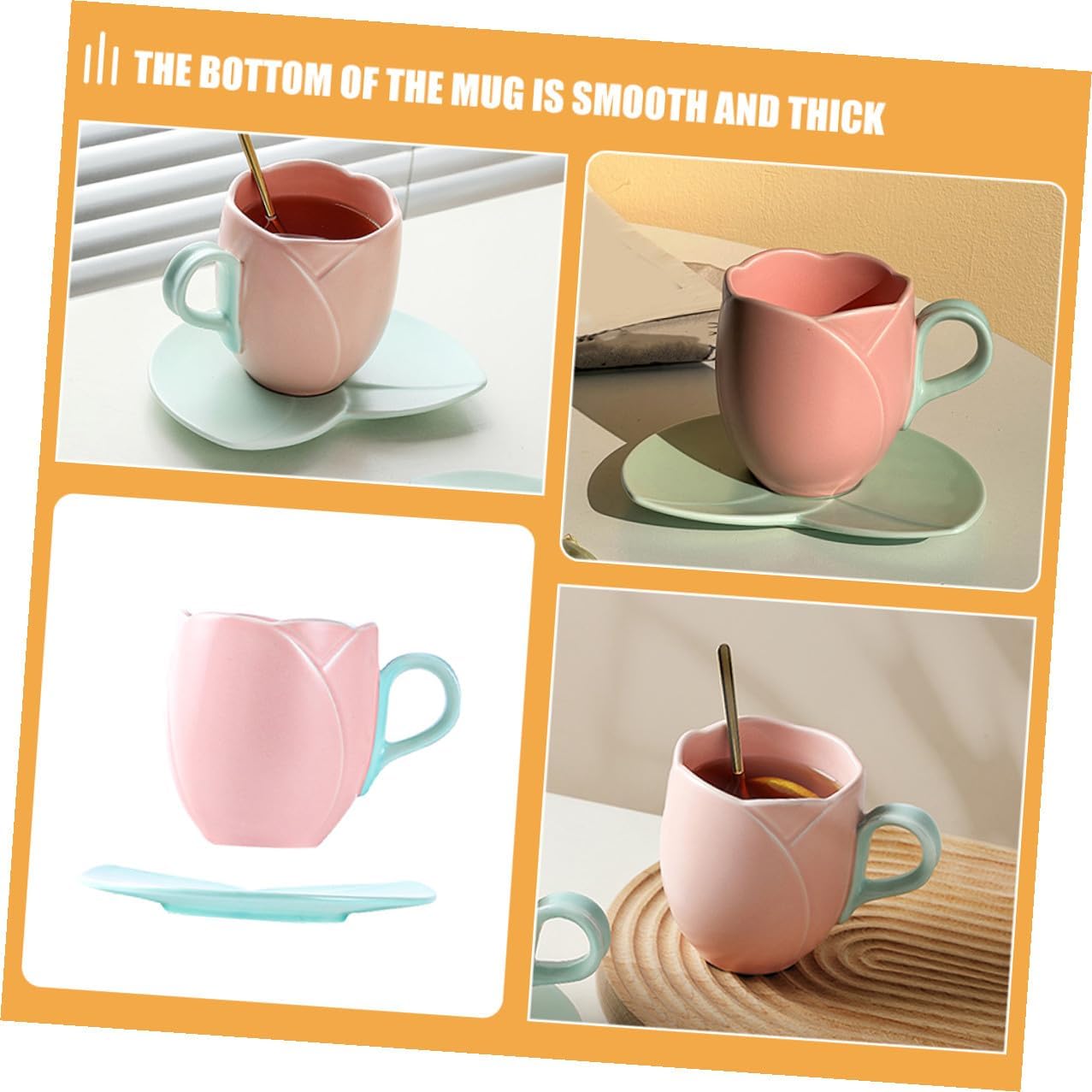 Ceramic Coffee Mug with Saucer Tulip Shaped 300ml Large Capacity Pink Tulip Ceramic Tea Cup Home Beverage Cup Set for Breakfast and Milk Tea