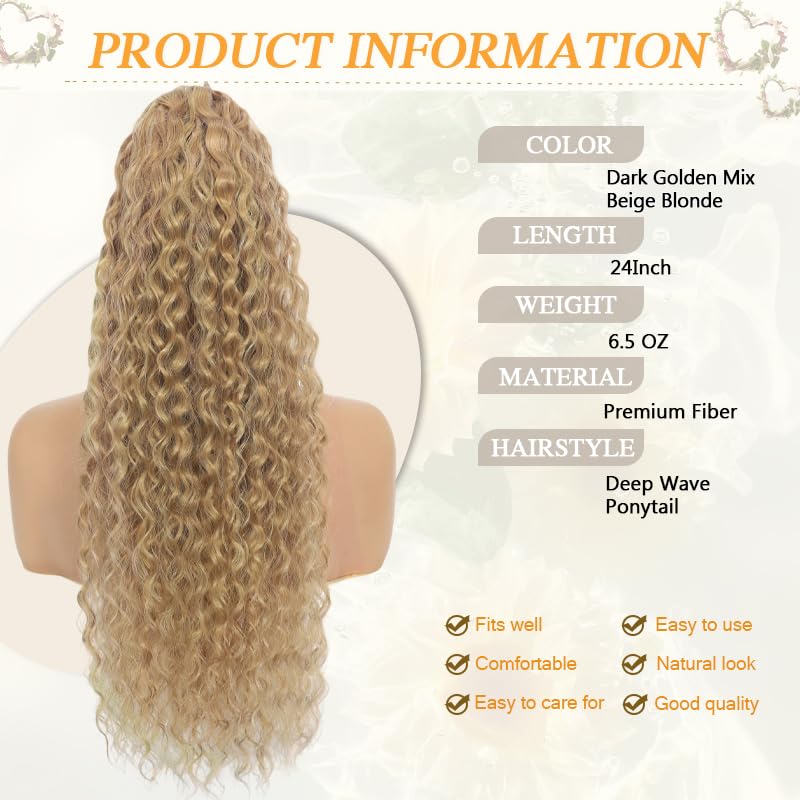 Drawstring Ponytail 24’’ Long Ponytail Extension for Women Soft and Natural Looking Like Human Hair Ponytail Curly Drawstring Pony Tail Extension with Secure Fit for Easy Daily Wear Dark Golden Mix Beige Blonde