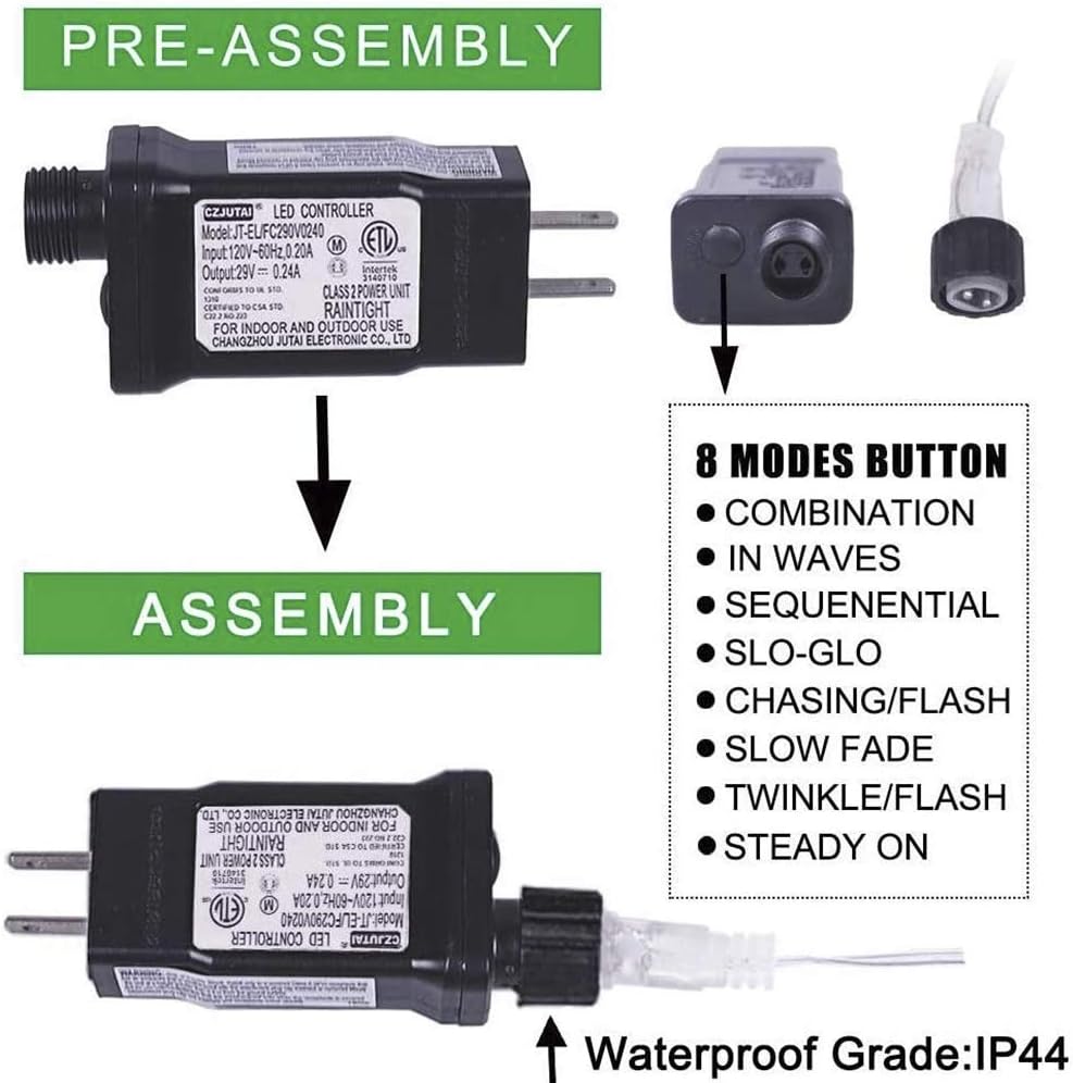 Diagram showing pre-assembly and assembly steps for connecting the LED controller to the light string.