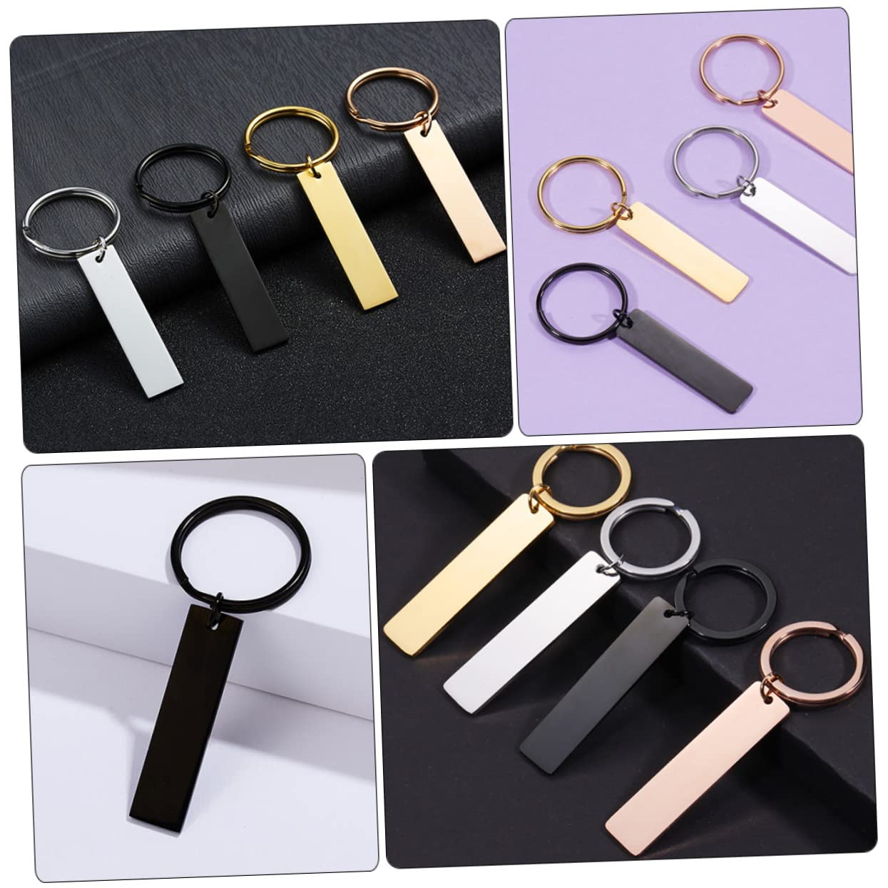 Glänzender Streifen-Schlüsselanhänger, Unfertiger Schlüsselanhänger, personalisierter Schlüsselanhänger, DIY-Schlüsselanhänger, Edelstahl (Schwarz x 5 Stück 6,50 x 2,50 x 0,30 cm)
