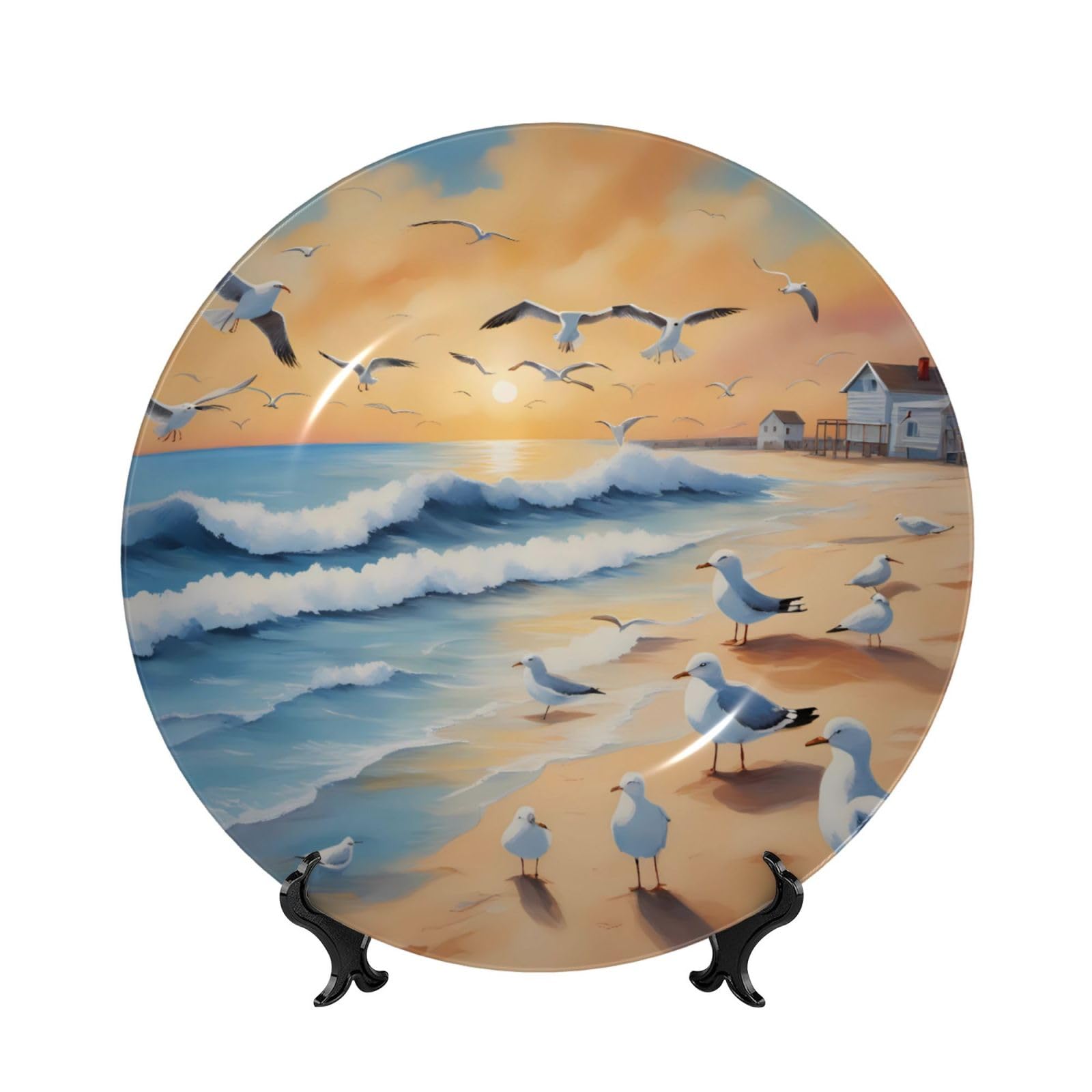 SXZVVBN airborne seagulls Bone China Decorative Plate Art with Stand Removable Adhesive Hanging for Home Office 10in（25cm）