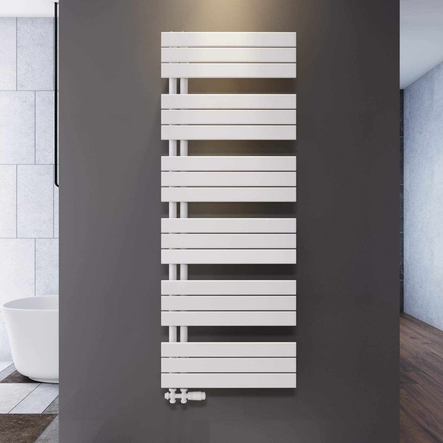 SONNI Grzejnik łazienkowy 1590 x 600 mm suszarka na ręczniki ogrzewanie biały płaski design ogrzewacz ręczników łazienka przyłącze środkowe z boku 1593 W z białym termostatem multiblokowym