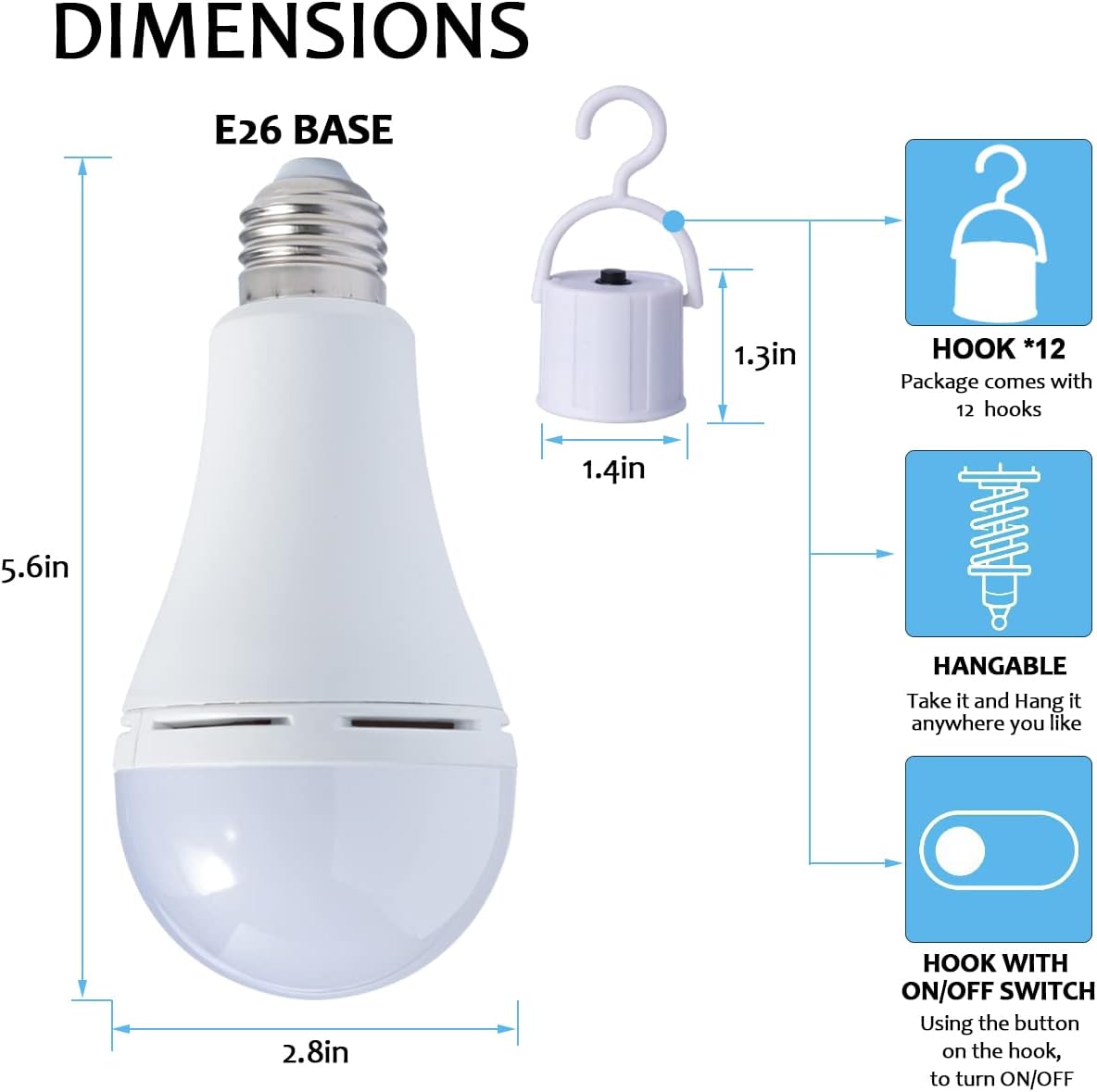 12 Pack A21 Rechargeable LED Bulbs 9W (60W Equivalent) Warm White 3000K E26 Screw Base Multi-Function Battery Backup Emergency Light for Power Outage Camping Outdoor Activity