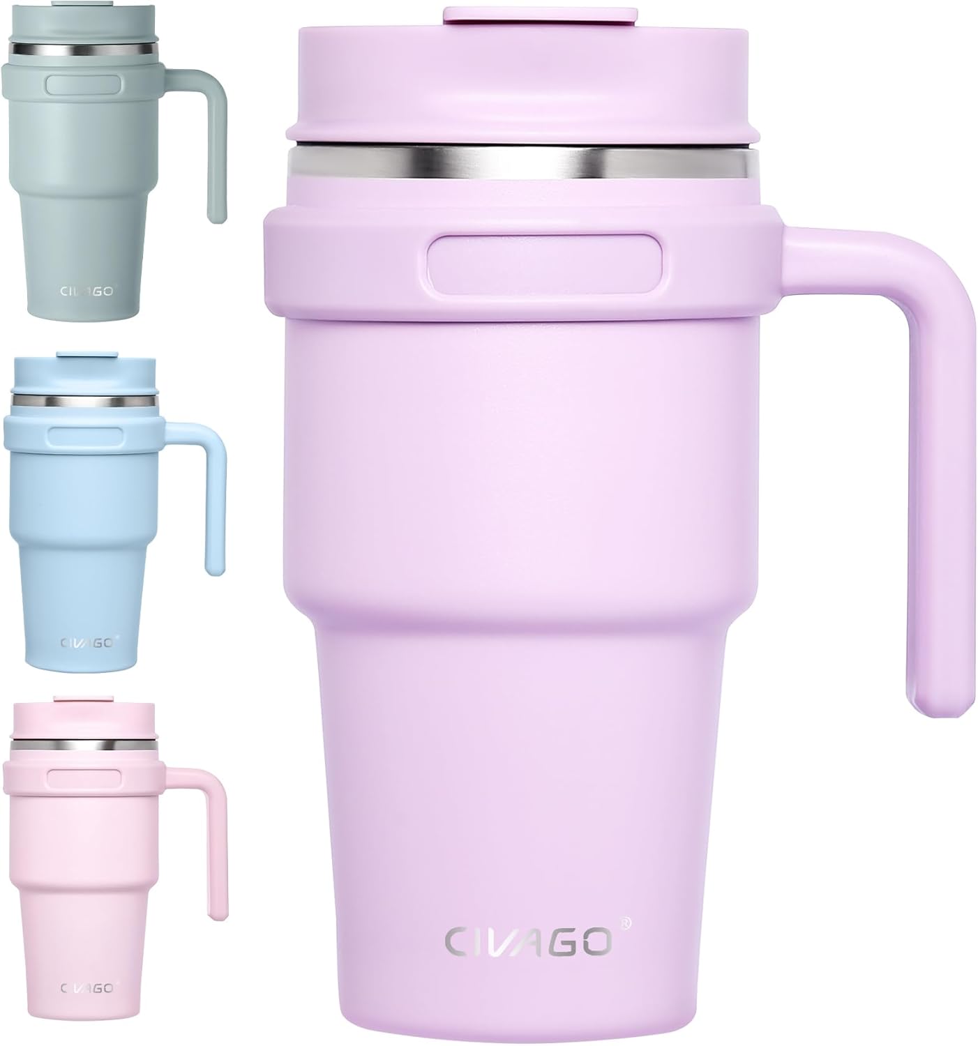CIVAGO 20 oz Insulated Stainless Steel Tumbler Mug with Handle, Leak Proof Lid and Straw, Double Wall Vacuum Travel Coffee Mug, Flip Lid, Lavender Glitter