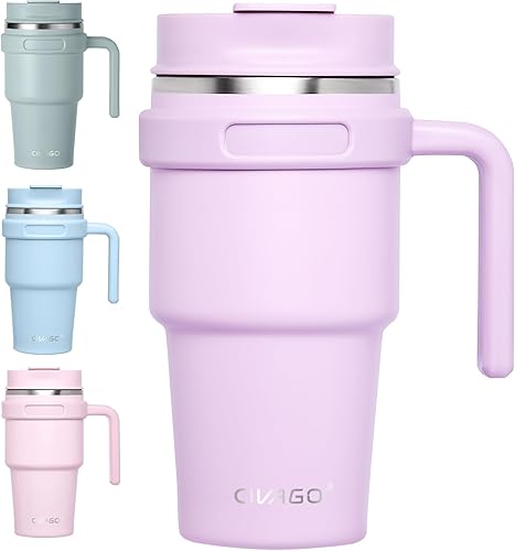 CIVAGO - Taza de viaje con aislamiento de acero inoxidable de 20 onzas con asa, tapa a prueba de fugas y popote, taza de café de doble pared con