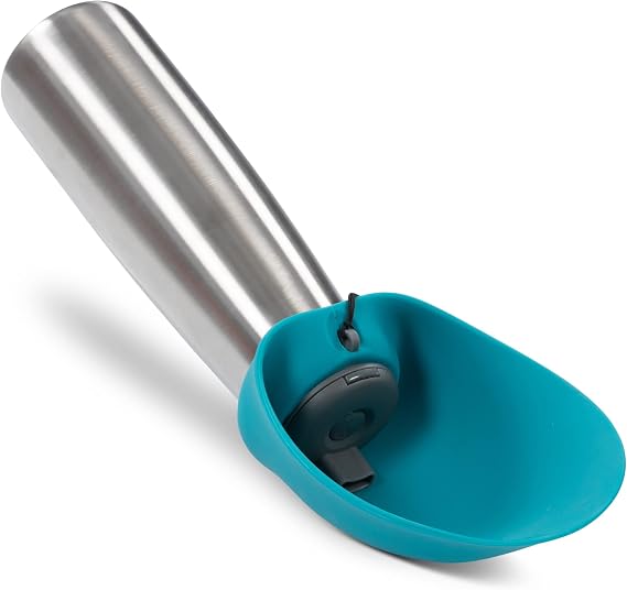 Messy Mutts Double Wall Vacuum Insulated Stainless Steel Travel Water Bottle With Silicone Flip Up Bowl | Pet Travel Necessity | Camping, Hiking, Walking Accessory | 20 Oz / 600mL | Blue