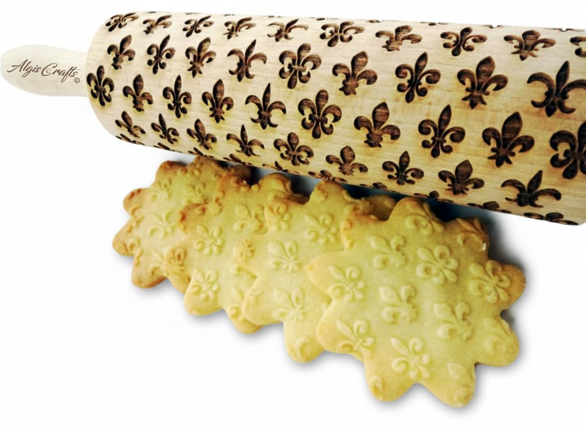 Algis Crafts - Embossed Rolling Pin for Baking Accessories with Laser Engraved Design Fluer de LIS - Beautifully Handmade Pattern Rolling Pin - Decorative Rolling Pins to Make Unique Bakes