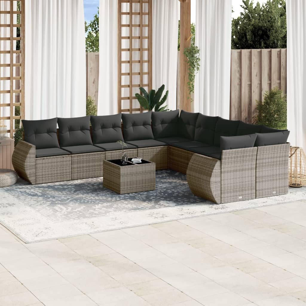 Juego de sofá de jardín con cojines de ratán gris, juego de jardín modular con mesa de cristal y fundas extraíbles para terraza, ratán de polietileno duradero y cómodo
