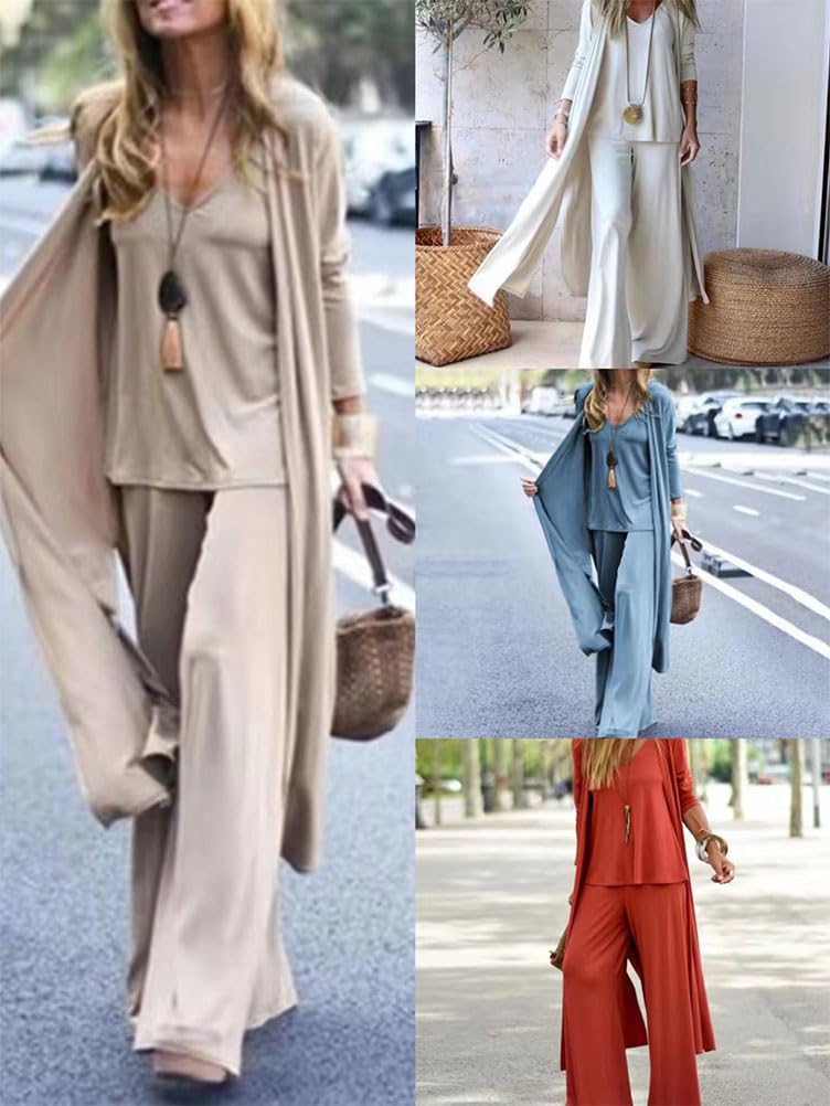 shownicer 3 Pièces Pantalon Combinaisons Femme Mode Chemise à sans Manches Taille Haute Large Jambe Pantalon Long Cardigan Manteau Ensemble